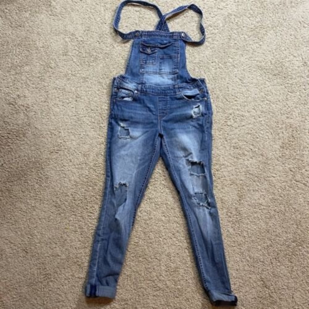 Almost Famous Distressed Jean Overalls Size 5 Light Wash Denim W29 x  L29
